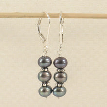Load image into Gallery viewer, 9100321-Sterling-Silver-Bali-Black-Cultured-Pearl-Handcrafted-Leverback-Earrings