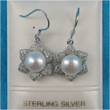 Load image into Gallery viewer, 9100420-Beautiful-Flower-Solid-Silver-925-White-Cultured-Pearls-Hook-Earrings