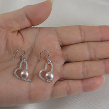 Load image into Gallery viewer, 9100472-Beautiful-Heart-Sterling-Silver-Lavender-Pearls-Cubic-Zirconia-Earrings