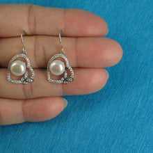 Load image into Gallery viewer, 9100550-Unique-Sterling-Silver-Heart-Butterfly-White-Pearls-Cubic-Zirconia-Earrings