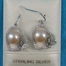 Load image into Gallery viewer, 9100552-Sterling-Silver-Romantic-Heart-Butterfly-Pink-Pearls-Cubic-Zirconia-Earrings