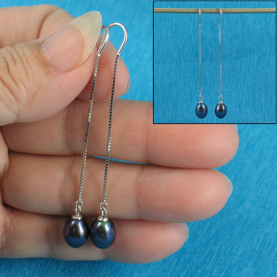 9101051-Solid-Silver-925-Box-Chain-Hook-Black-F/W-Pearl-Dangle-Earrings