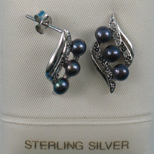 Load image into Gallery viewer, 9109831-Sterling-Silver-Black-Cultured-Pearl-Cubic-Zirconia-Stud-Earrings