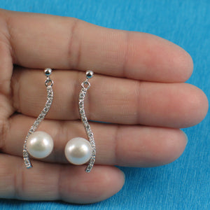 9109850-Sterling-Silver-White-F/W-Pearl-Cubic-Zirconia-Dangle-Earrings
