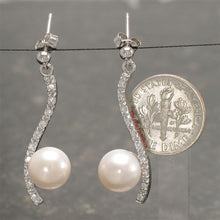 Load image into Gallery viewer, 9109850-Sterling-Silver-White-F/W-Pearl-Cubic-Zirconia-Dangle-Earrings