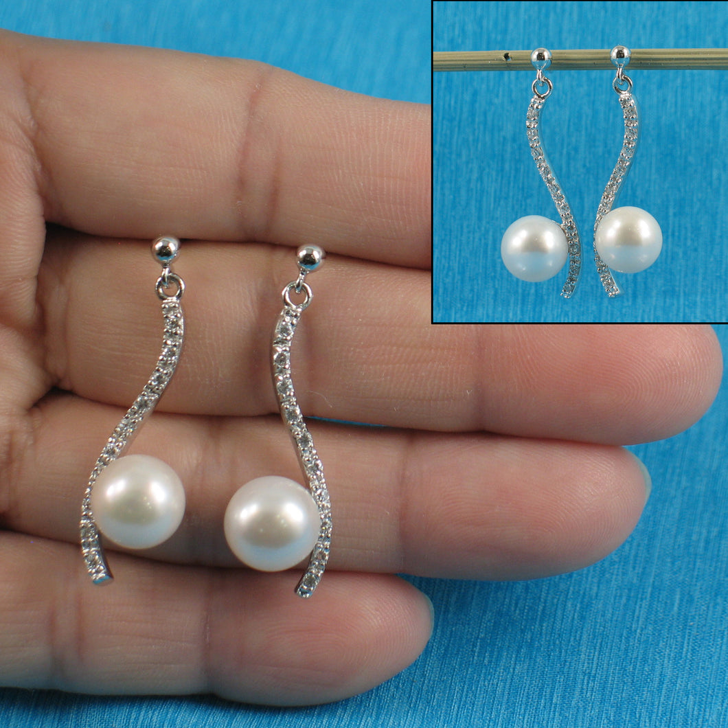 9109850-Sterling-Silver-White-F/W-Pearl-Cubic-Zirconia-Dangle-Earrings