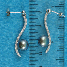 Load image into Gallery viewer, 9109851-Sterling-Silver-Black-Cultured-Pearl-Cubic-Zirconia-Dangle-Earrings