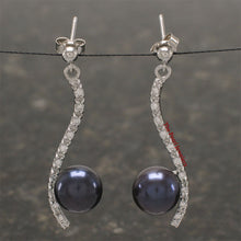 Load image into Gallery viewer, 9109851-Sterling-Silver-Black-Cultured-Pearl-Cubic-Zirconia-Dangle-Earrings