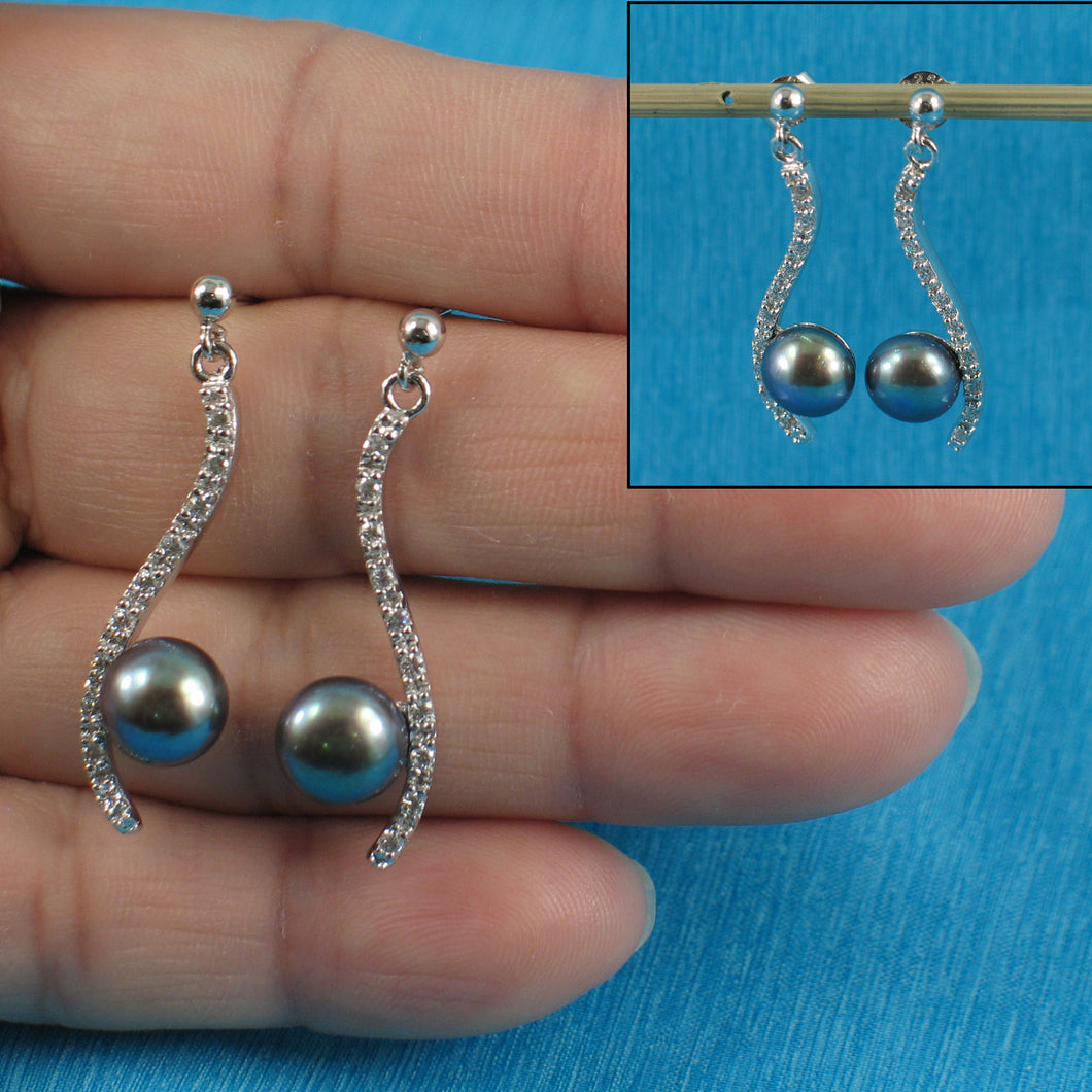 9109851-Sterling-Silver-Black-Cultured-Pearl-Cubic-Zirconia-Dangle-Earrings