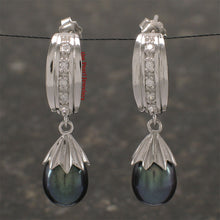 Load image into Gallery viewer, 9109861-Sterling-Silver-Black-Freshwater-Pearls-Cubic-Zirconia-Dangle-Earrings