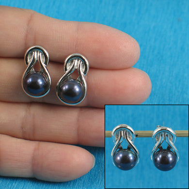 9109871-Solid-Sterling-Silver-Love-Knot-Black-Cultured-Pearls-Stud-Earrings