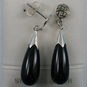 9110001-Solid-Silver-Oriental-GOOD-LUCK-Black-Onyx-Dangle-Stud-Earrings