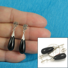 Load image into Gallery viewer, 9110001-Solid-Silver-Oriental-GOOD-LUCK-Black-Onyx-Dangle-Stud-Earrings
