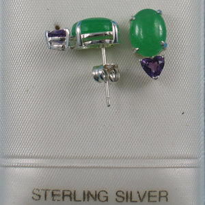 9110093-Solid-Sterling-Silver-.925-Amethysts-Green-Jade-Stud-Earrings