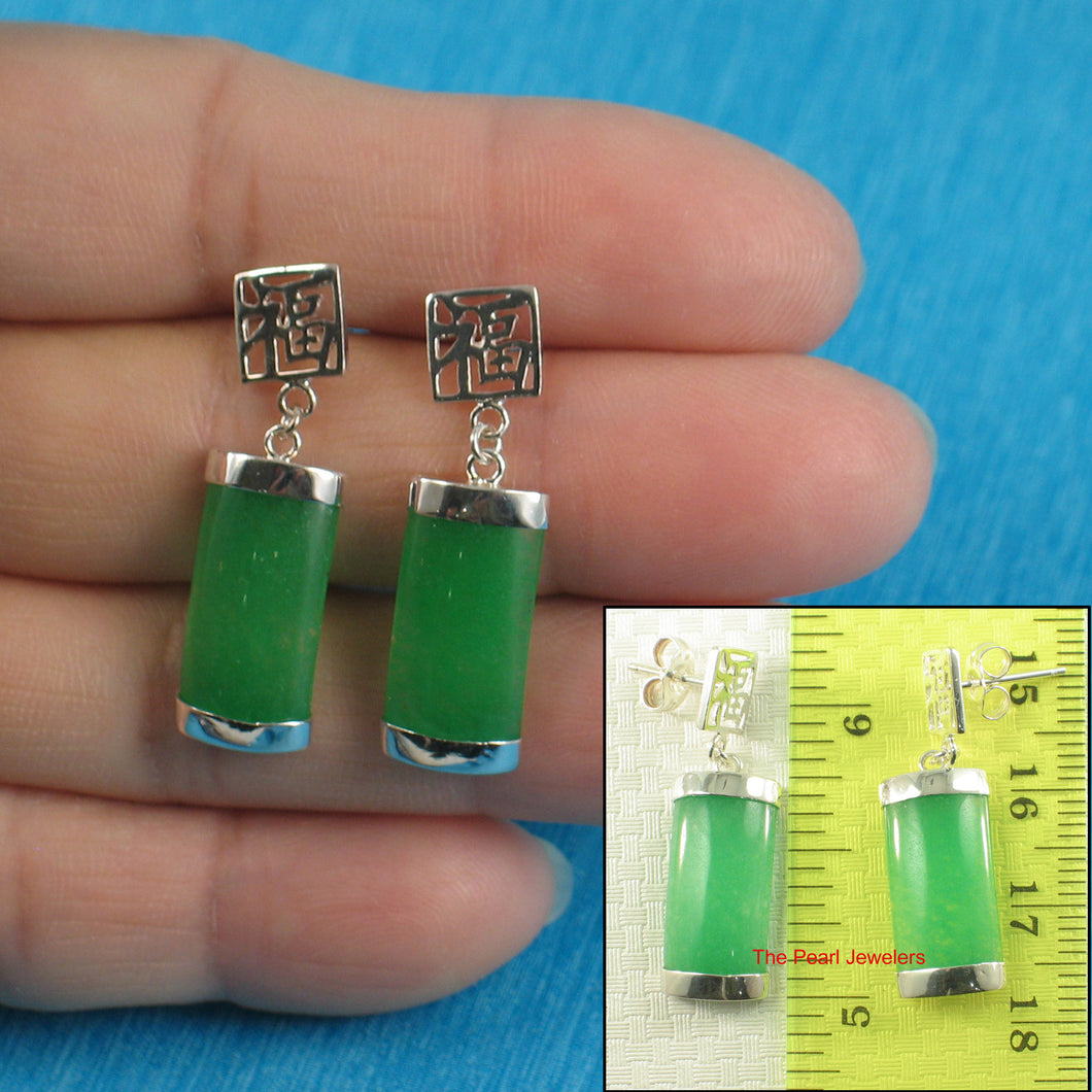 9110103-Solid-Silver-.925-GOOD-FORTUNES-Green-Jade-Dangle-Post-Earrings