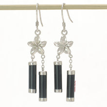 Load image into Gallery viewer, 9110121-Solid-Silver-925-Hawaiia- Jewelry-Plumeria-Tubes-Black-Onyx-Hook-Earrings