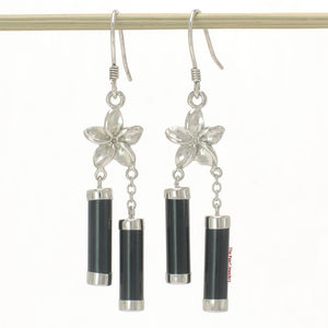 9110121-Solid-Silver-925-Hawaiia- Jewelry-Plumeria-Tubes-Black-Onyx-Hook-Earrings