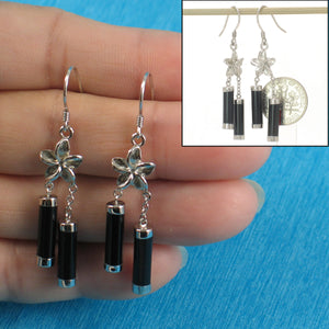 9110121-Solid-Silver-925-Hawaiia- Jewelry-Plumeria-Tubes-Black-Onyx-Hook-Earrings