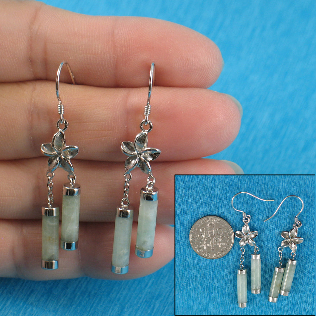9110126-Solid-Sterling-Silver-Hawaiian-Jewelry-Plumeria-Tubes-Jade-Hook-Earrings
