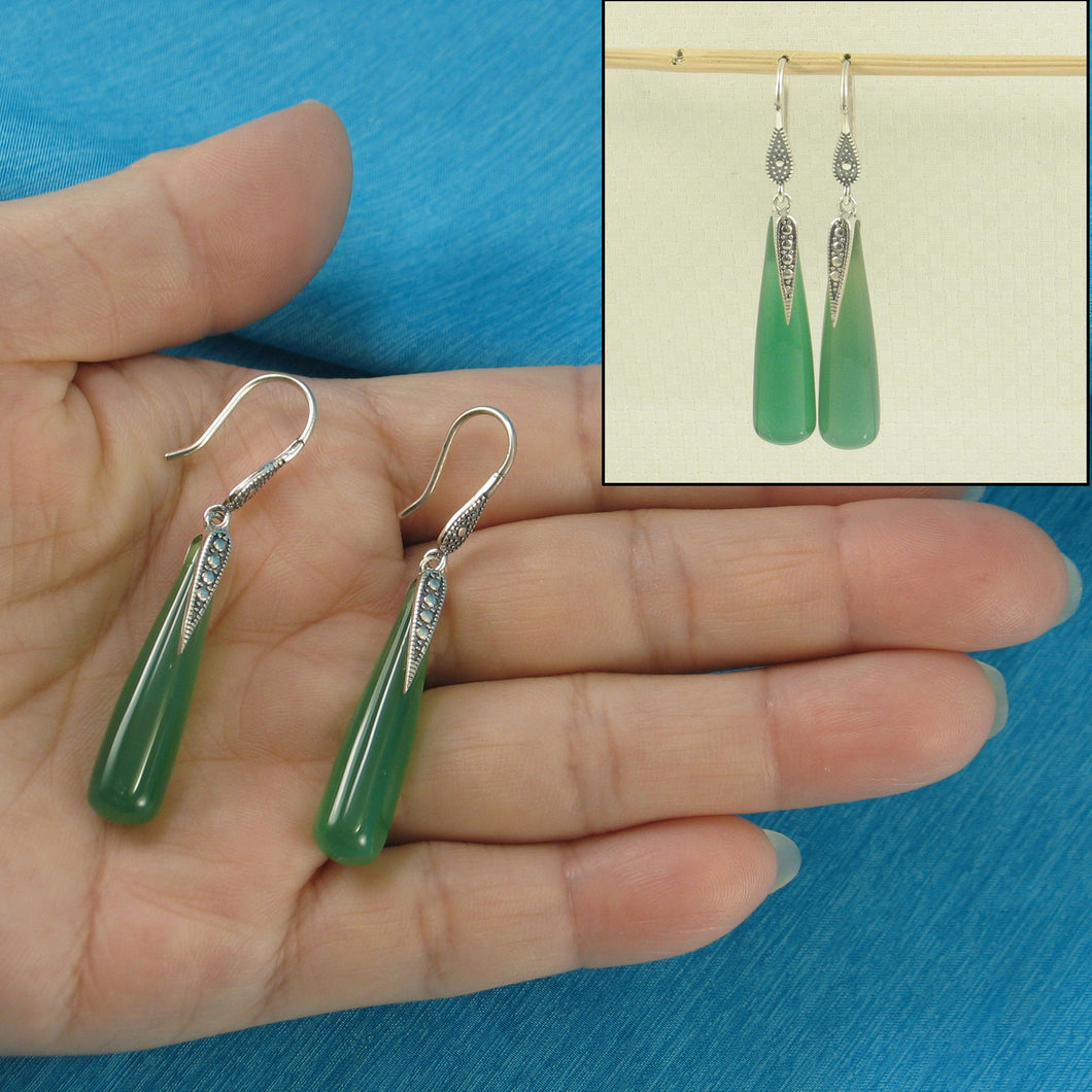 9110603-Solid-Sterling-Silver-925-Hook-Tube-Blue-Green-Agate-Dangling-Earrings