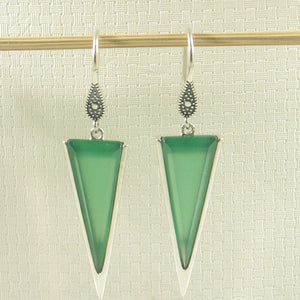 9110613-Green-Agate-Triangle-Solid-Sterling-Silver-.925-Hook-Drop-Dangle-Earrings