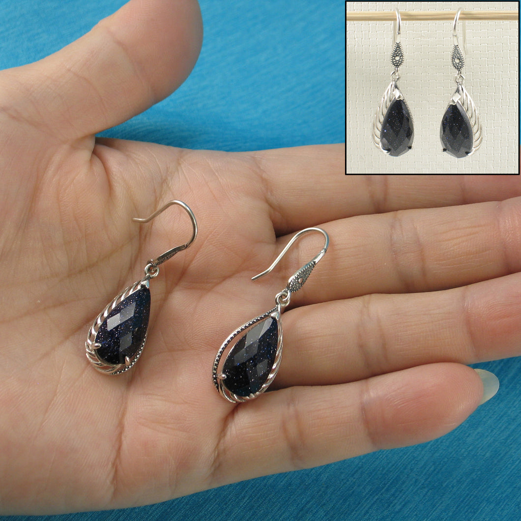 9110621-Solid-Sterling-Silver-Hook-Pear-Blue-Sandstone-Dangle-Drop-Earrings