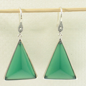 9110703-Solid-Sterling-Silver-Hook-Triangle-Green-Agate-Dangle-Earrings