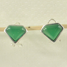 Load image into Gallery viewer, 9110783-Solid-Sterling-Silver-Omega-Back-Diamond-Shaped-Green-Agate-Earrings