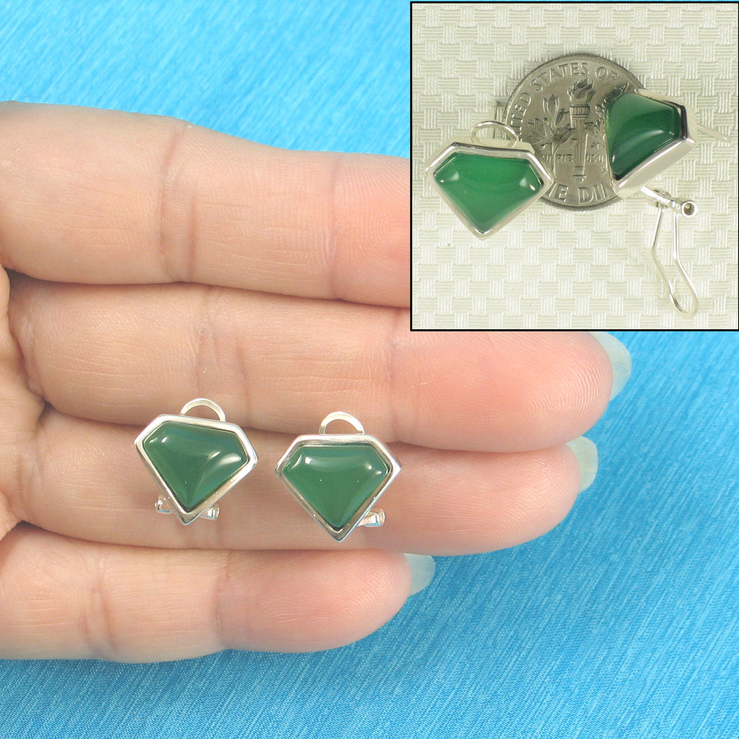 9110783-Solid-Sterling-Silver-Omega-Back-Diamond-Shaped-Green-Agate-Earrings