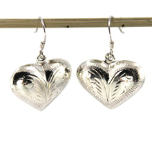 Load image into Gallery viewer, 9130155-Chased-Heart-Dangle-Earrings-Puffy-Hearts-Etched-Sterling-Silver