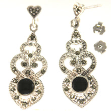 Load image into Gallery viewer, 9130161-Vintage-Black-Onyx-Sterling-Silver-Marcasite-Dangle-Earrings