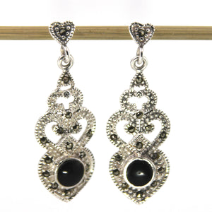 9130161-Vintage-Black-Onyx-Sterling-Silver-Marcasite-Dangle-Earrings
