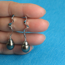 Load image into Gallery viewer, 91T0090-Solid-Silver-Genuine-Tahitian-Pearl-Lightening-Design-Dangle-Earrings