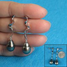 Load image into Gallery viewer, 91T0090-Solid-Silver-Genuine-Tahitian-Pearl-Lightening-Design-Dangle-Earrings