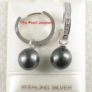 91T0740-Tahitian-Black-Pearl-Solid-Silver-.925-C-Hoop-Dangle-Earrings