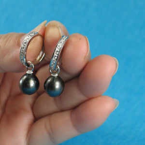 91T0740-Tahitian-Black-Pearl-Solid-Silver-.925-C-Hoop-Dangle-Earrings