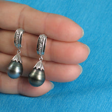 Load image into Gallery viewer, 91T9863-Sterling-Silver-Cubic-Zirconia-Genuine-Tahitian-Pearl-Dangle-Earrings