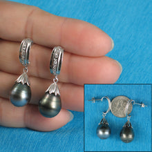 Load image into Gallery viewer, 91T9863-Sterling-Silver-Cubic-Zirconia-Genuine-Tahitian-Pearl-Dangle-Earrings