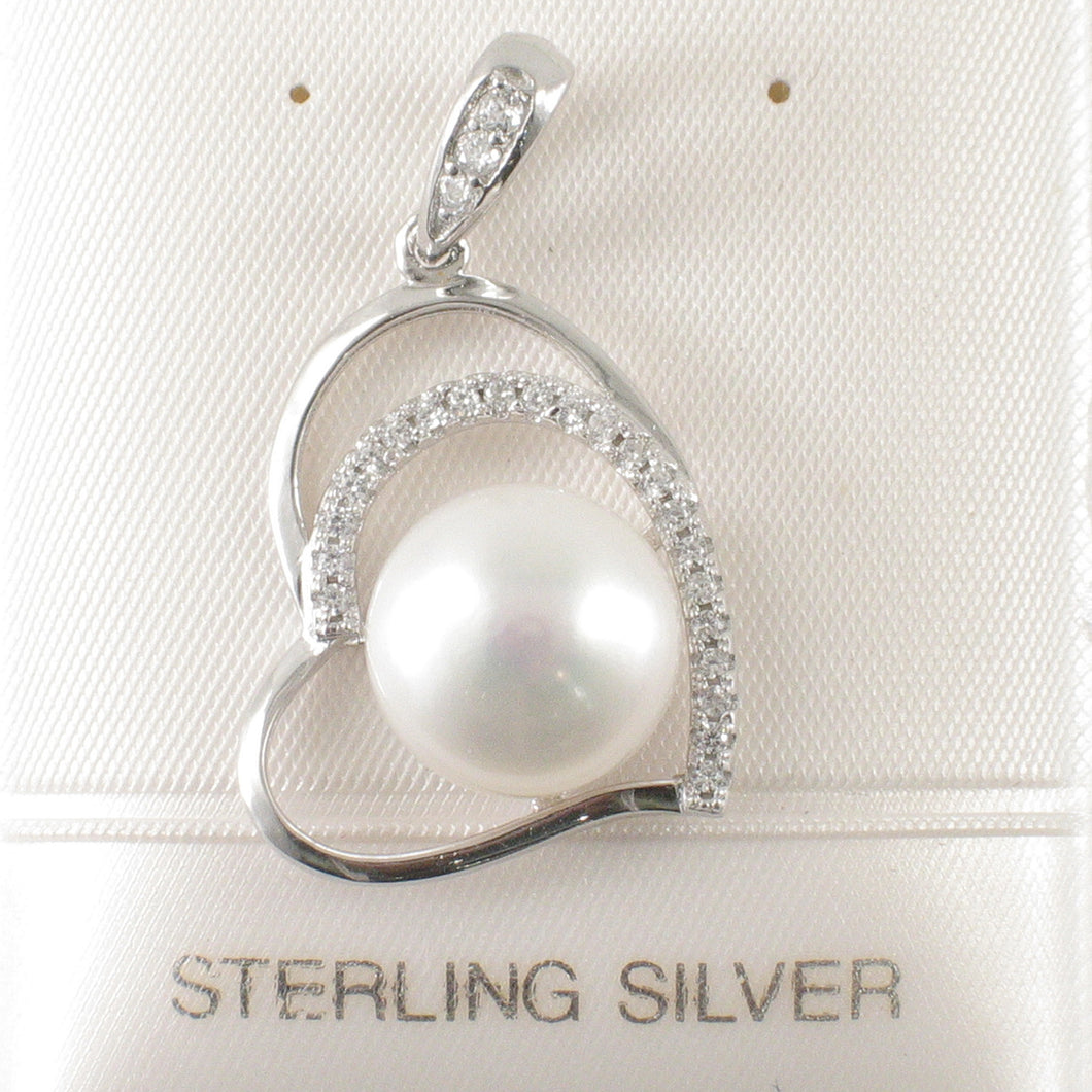 Sterling Silver 925 Open Heart White Pearl & CZ Pendant