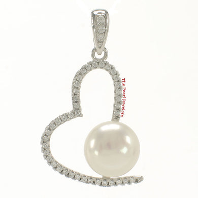 Sterling Silver 925 White Pearl & CZ Open Heart Pendant