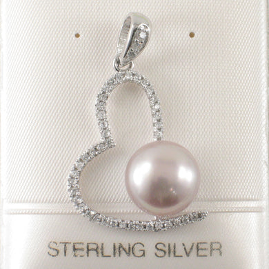 Sterling Silver 925 Pink Pearl & CZ Open Heart Pendant