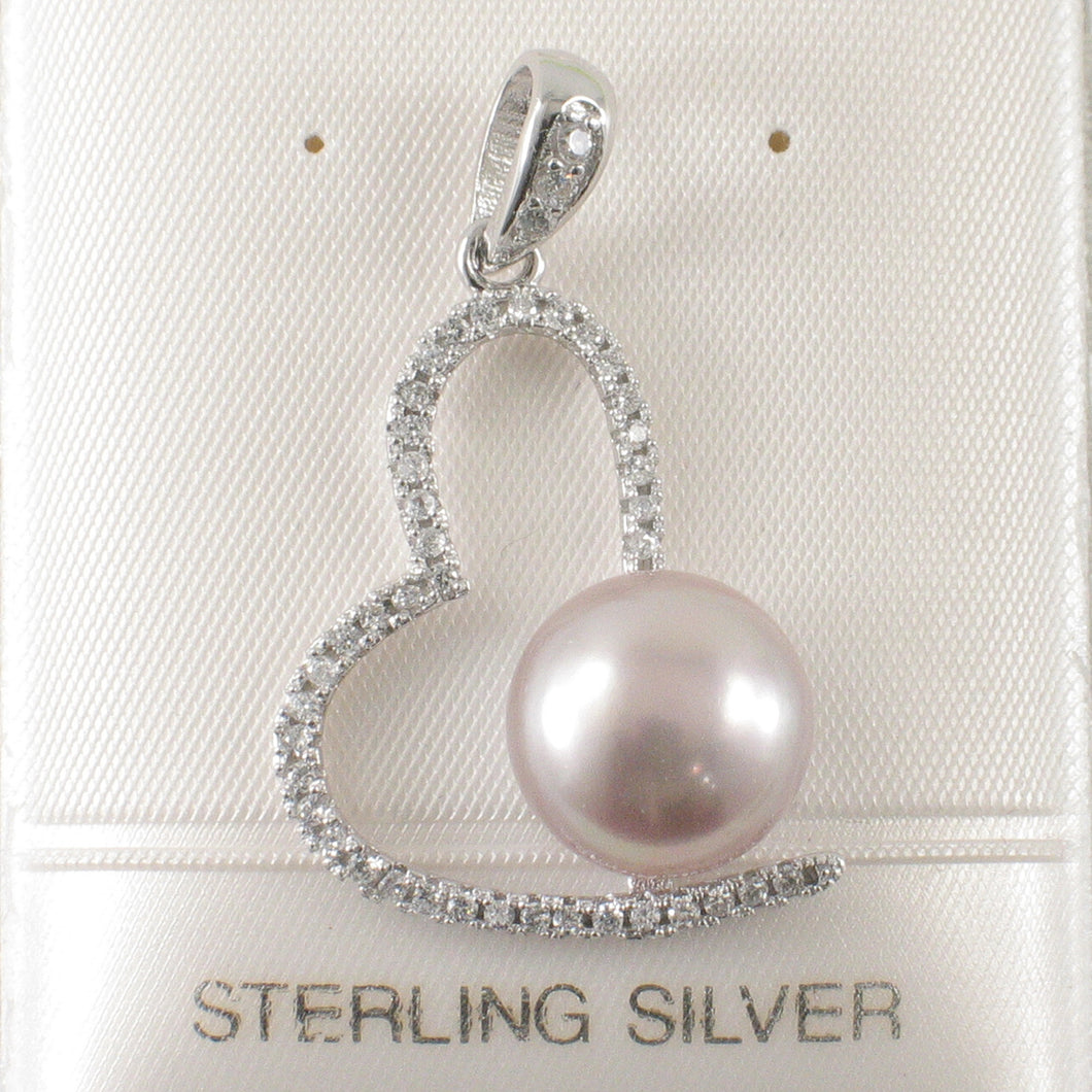Sterling Silver 925 Pink Pearl & CZ Open Heart Pendant