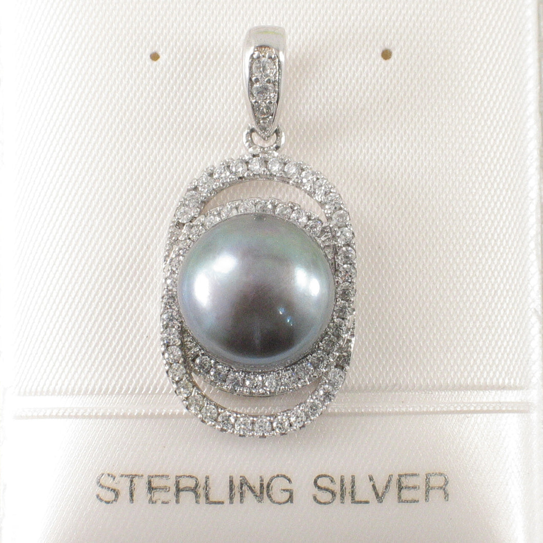 Sterling Silver 925 Black Pearl & CZ Pendant