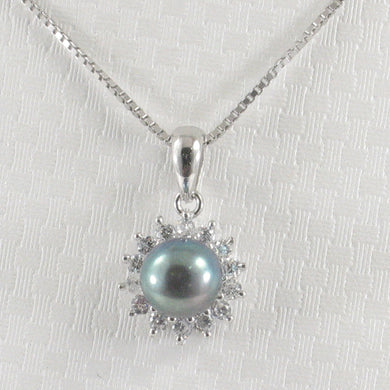 Sterling Silver 925 Black Pearl & CZ Pendant