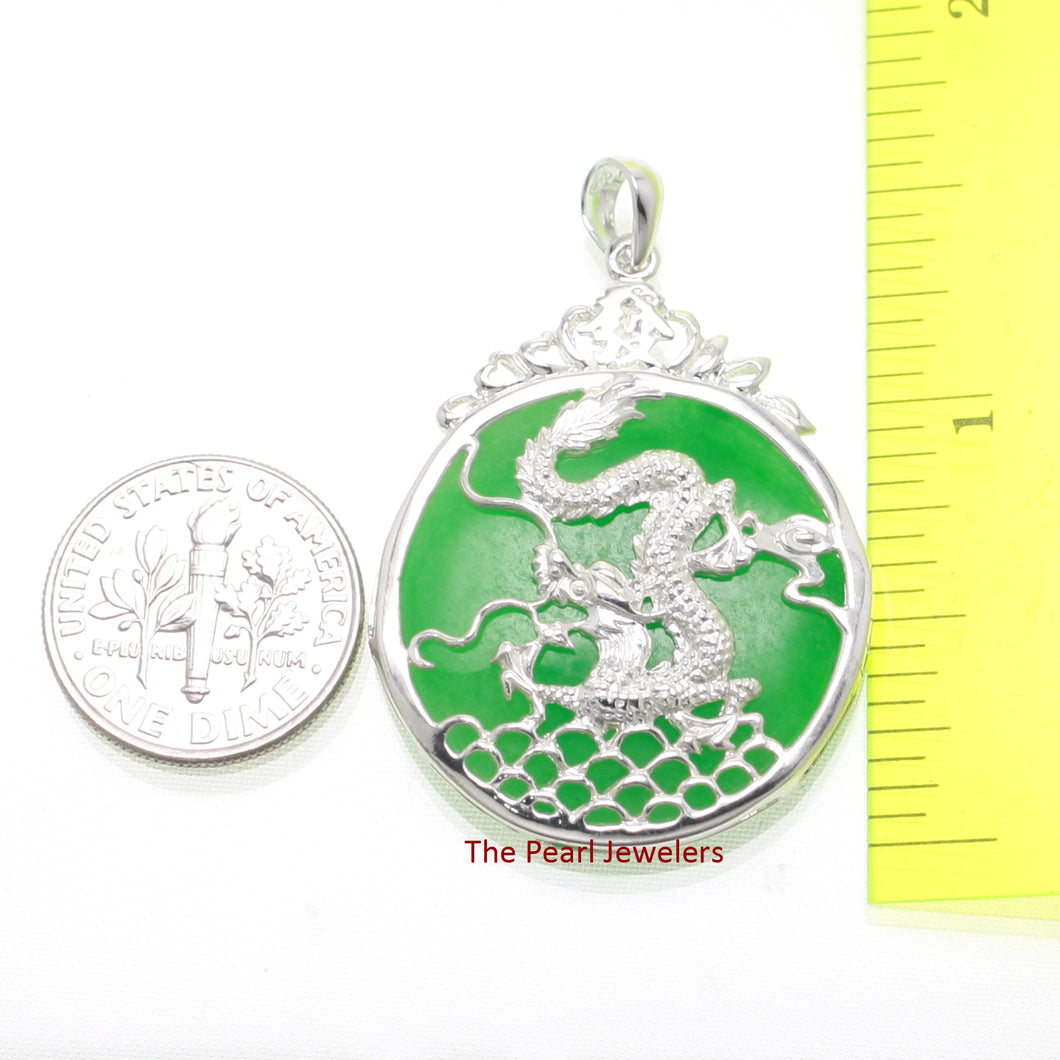 9210093-Solid-Sterling-Silver-Dragon-Carving-Green-Jade-Cabochon-Pendant-Necklace