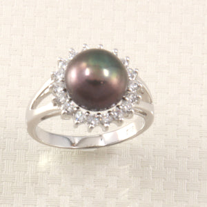 Solid 925 Sterling Silver Cultured Pearl & Cubic Zirconia Women’s Cluster Ring
