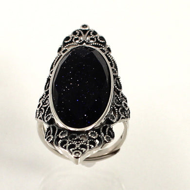Sterling Silver Blue Sandstone Solitaire Adjustable Ring Size