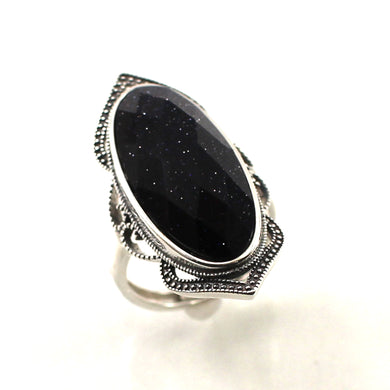 Sterling Silver Blue Sandstone Solitaire Adjustable Ring Size