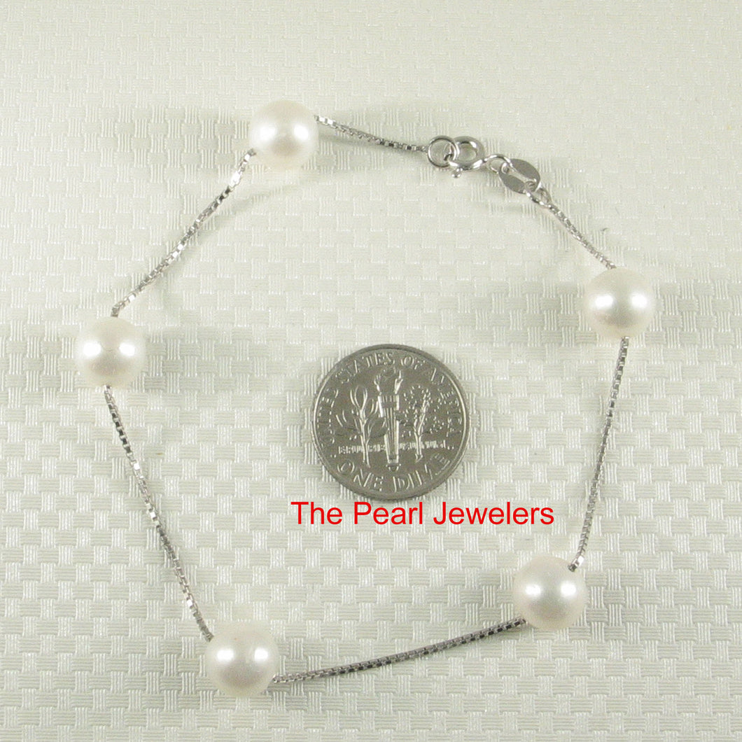 White Semi-Round Freshwater Pearl Bracelet - Sterling Silver Box Chain