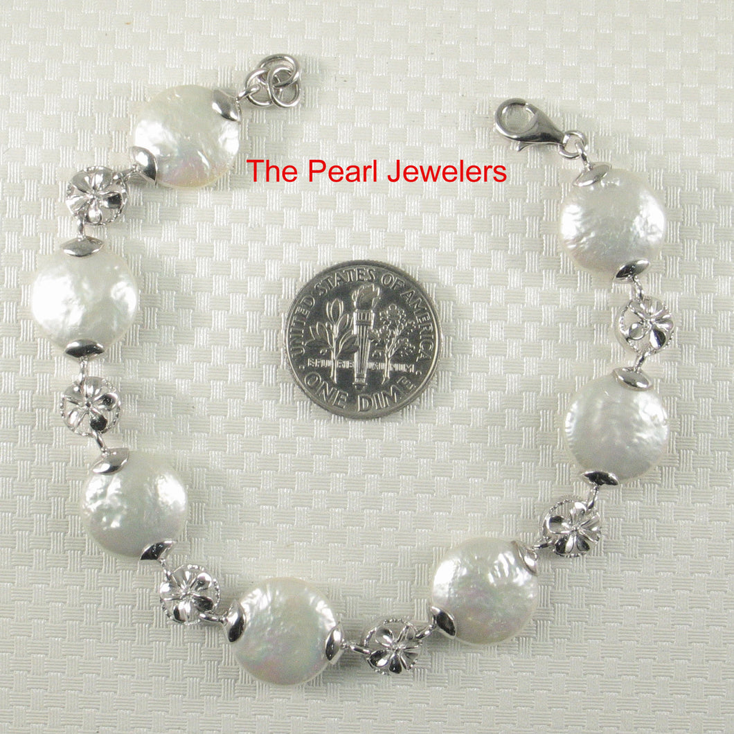 White Coin Pearl Plumeria Bracelet – 925 Sterling Silver Hawaiian Design
